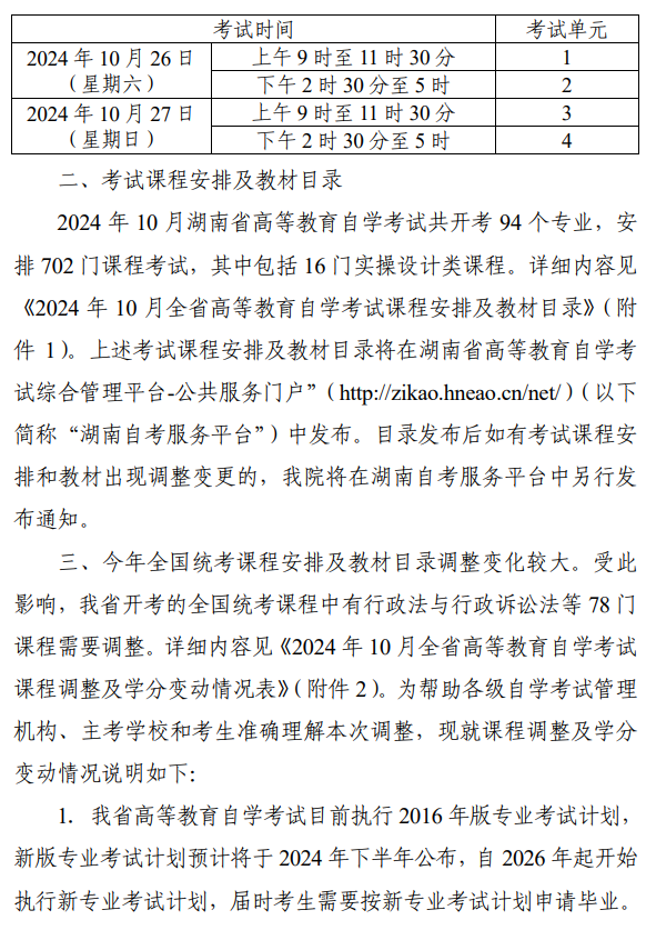 關(guān)于2024年10月湖南省高等教育自學(xué)考試課程安排及教材目錄有關(guān)事項(xiàng)的通知