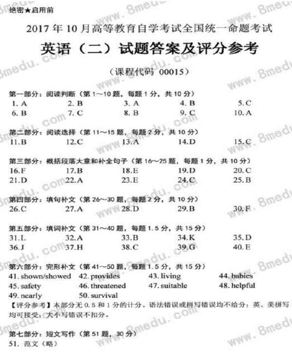 2017年10月自考英語(yǔ)二真題-1