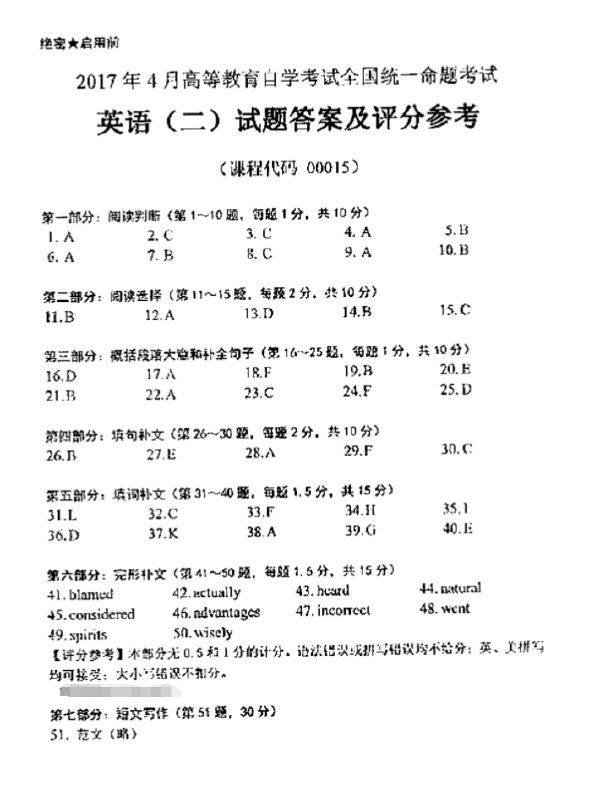 2017年4月自考英語二真題答案-1