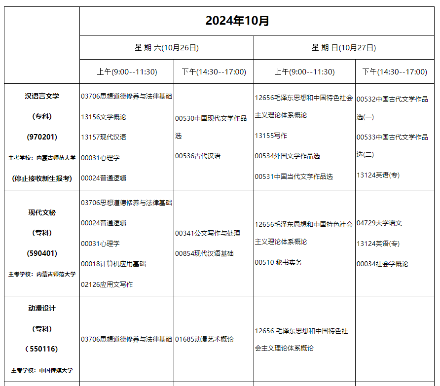 2024年10月內(nèi)蒙古自治區(qū)高等教育自學(xué)考試筆試課程考試時間安排表及實踐課考試安排